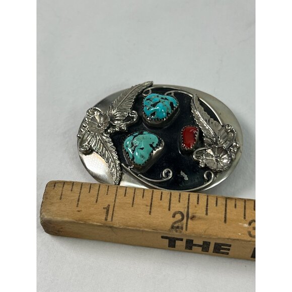 Vintage Turquoise & Coral Belt Buckle With Floral Design 2.75" Width Genuine Mat - Picture 4 of 4